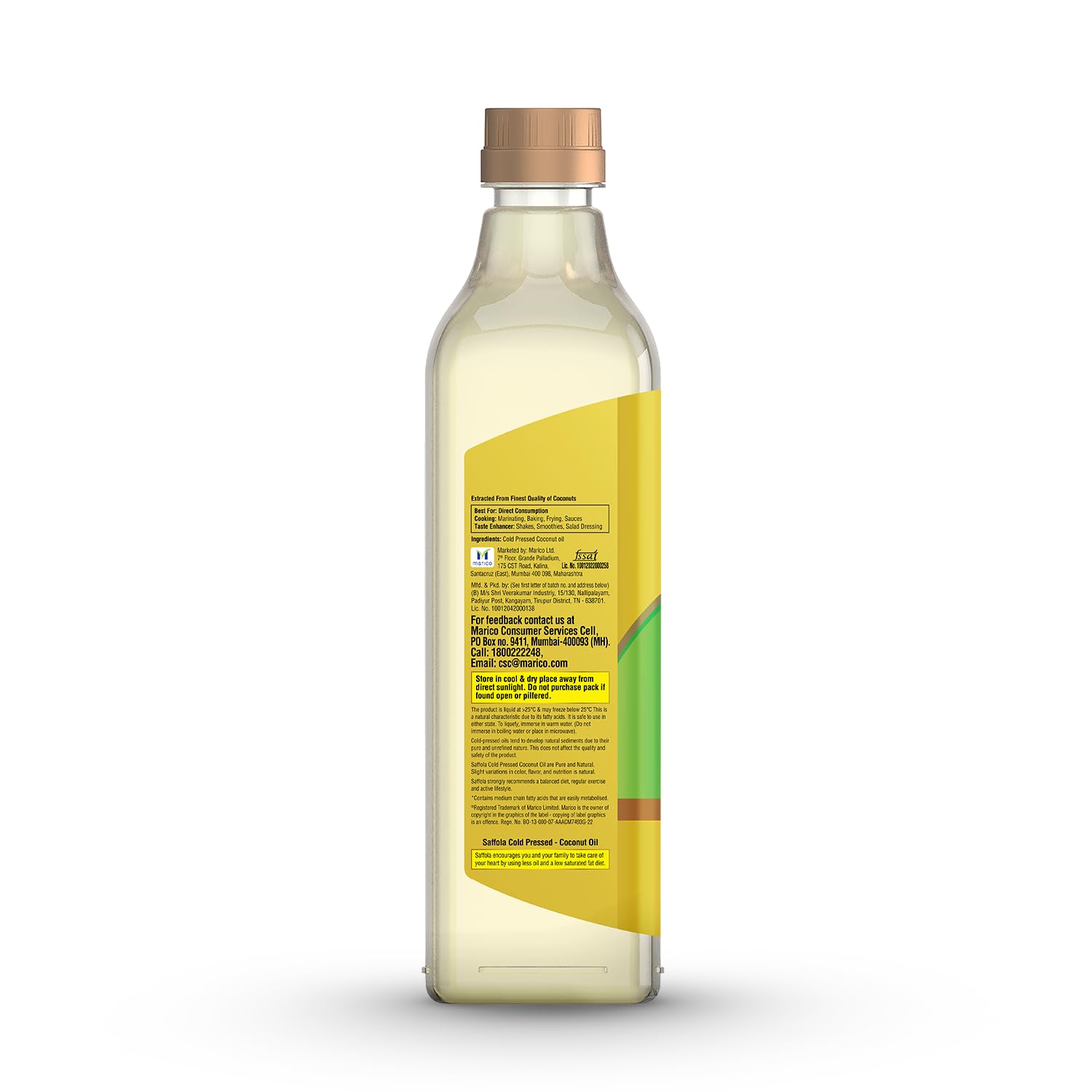 Saffola Cold Pressed Coconut Oil, 0 Trans fat, No chemicals or heat, Unrefined, 1L