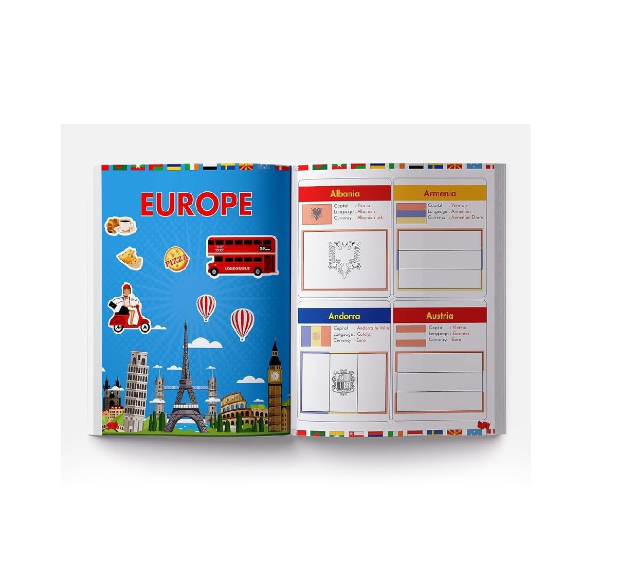 Flags of the World - Sticker Coloring Activity Book For Children : Continent, Country, Capital, Language and Currency Paperback