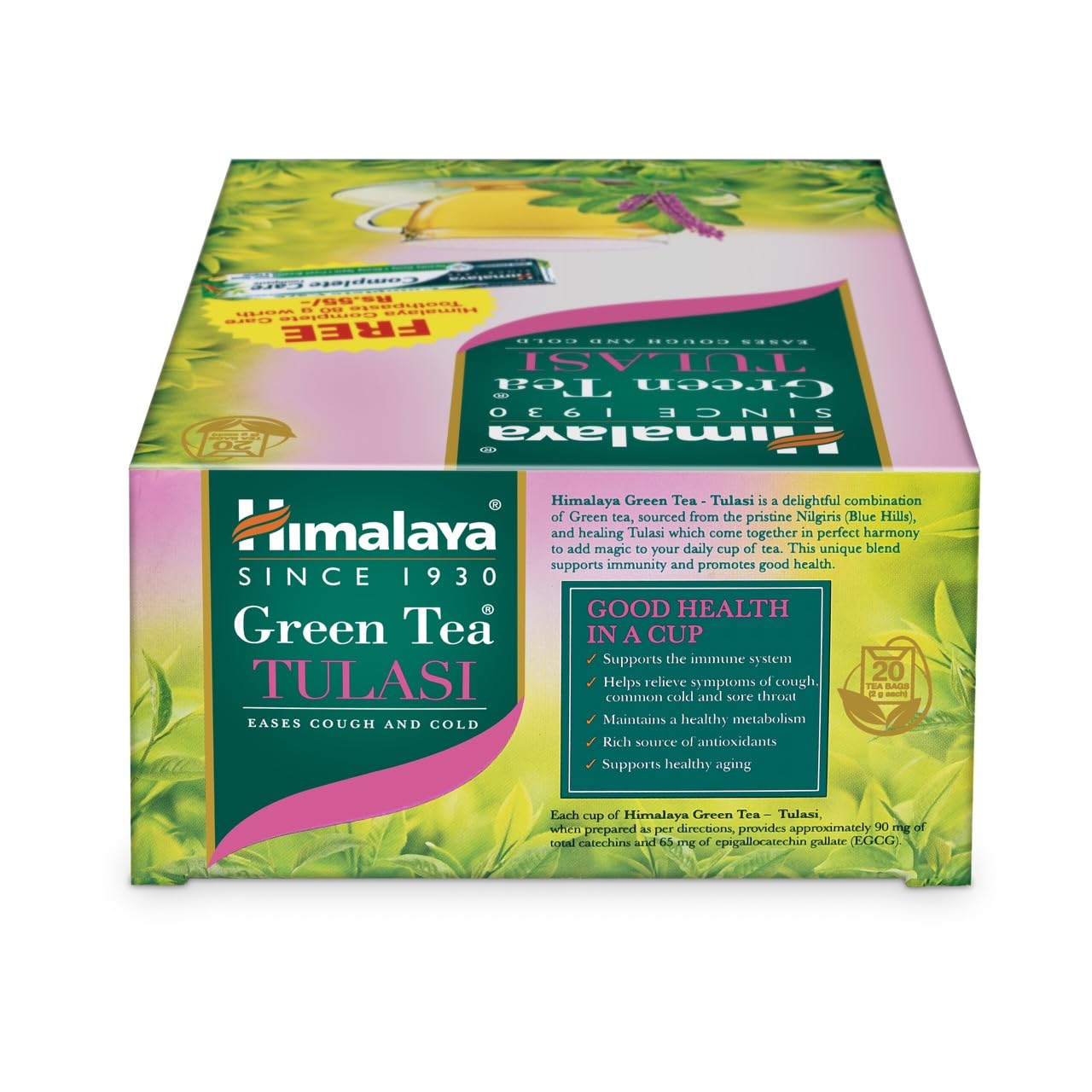 Himalaya Green Tea Tulasi|20 Tea Bags x 2g Each|Free Complete care Toothpaste|Contains Real Tulasi|No Artificial Flavors|Eases Cough and Cold Symptoms