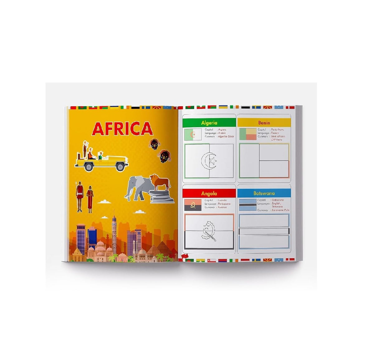 Flags of the World - Sticker Coloring Activity Book For Children : Continent, Country, Capital, Language and Currency Paperback