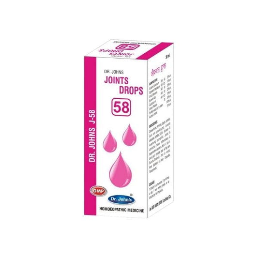 Dr Johns Homeopathic J 58 Joints Drops (30ml) Pain in wrists, Knee (patellar) & ankle.