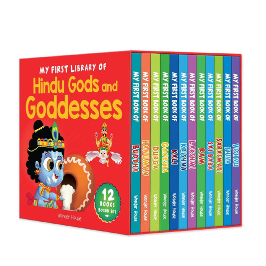 My First Library of Hindu Gods and Goddesses – Boxed Set of 12 Illustrated Board Books for Kids: Includes Ganesha, Krishna, Shiva, Vishnu, Lakshmi, Saraswati, Durga, Kali, Hanuman, Ram, Sai Baba & Buddha | Simple Stories|  Paperback