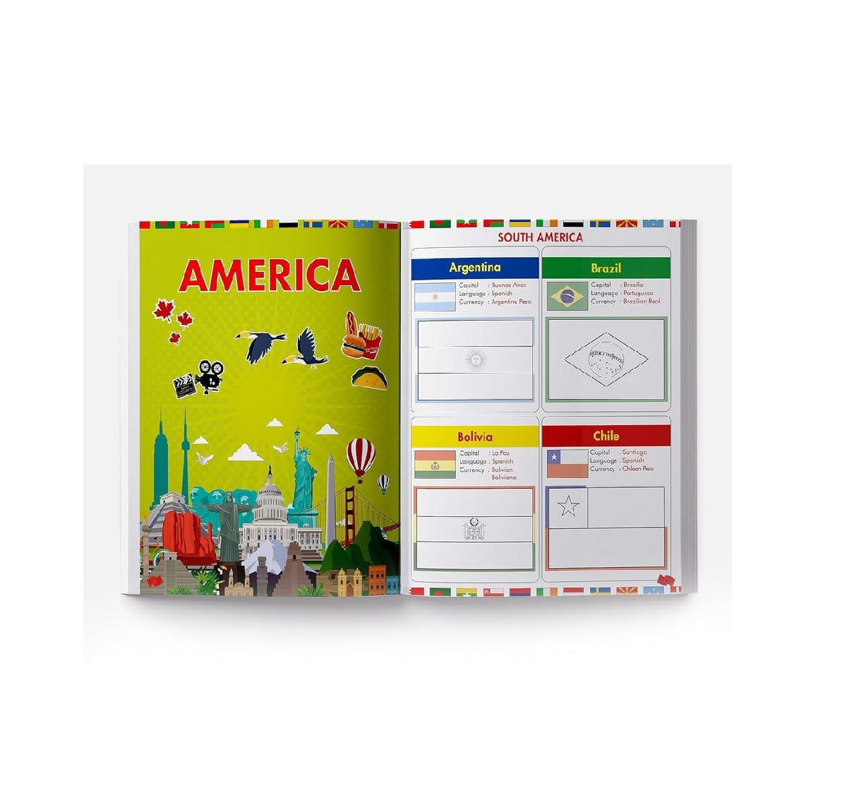 Flags of the World - Sticker Coloring Activity Book For Children : Continent, Country, Capital, Language and Currency Paperback