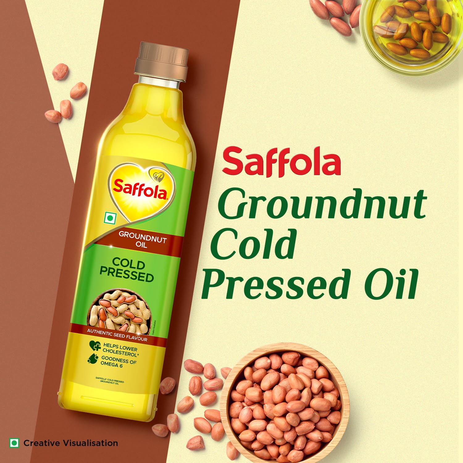 Saffola Cold Pressed Groundnut Oil | 100% Cold Pressed Groundnut Oil | Unrefined, 0 trans fat, Chemical free | Helps Lower Cholesterol, Goodness of Omega 6 & Authentic Seed Flavour | 1L Pet Bottle