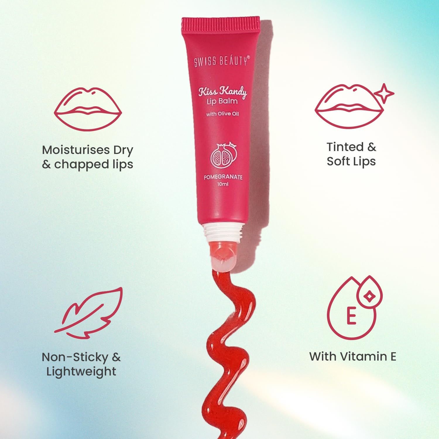 Swiss Beauty Kiss Kandy Tinted Lip Balm | Moisturising Non-Sticky Formula with Olive Oil & Vitamin E | Soft, Smooth & Hydrated Lips All Day | Cherry, 10ml