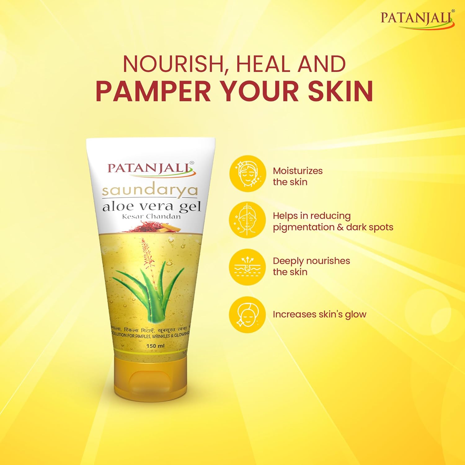 Patanjali Saundarya Aloevera Gel Kesar Chandan 150ml For Men, Women, Anti-Acne & Pimples, For all Skin Types