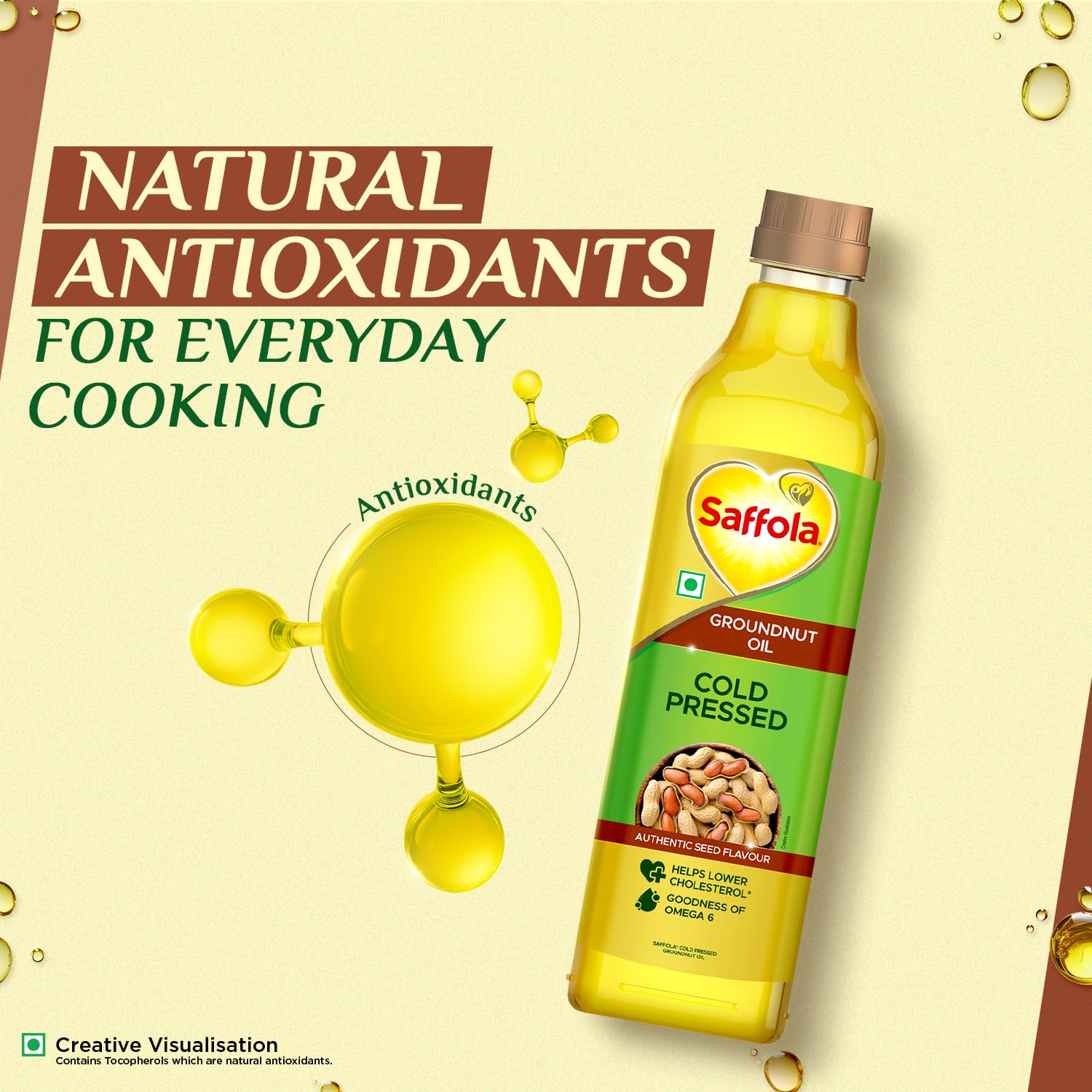Saffola Cold Pressed Groundnut Oil | 100% Cold Pressed Groundnut Oil | Unrefined, 0 trans fat, Chemical free | Helps Lower Cholesterol, Goodness of Omega 6 & Authentic Seed Flavour | 1L Pet Bottle