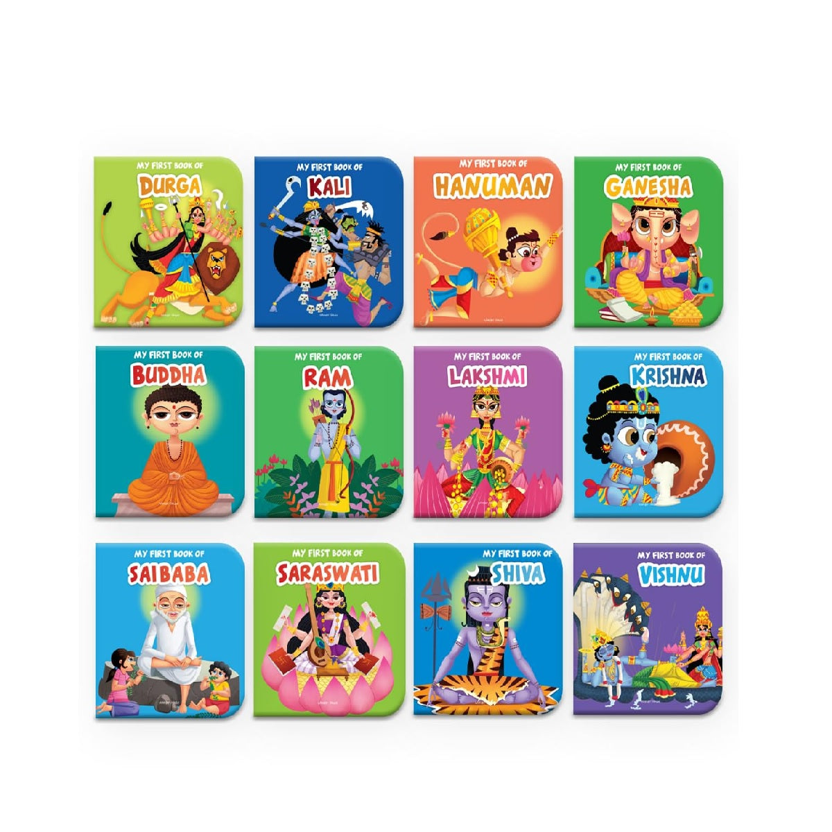 My First Library of Hindu Gods and Goddesses – Boxed Set of 12 Illustrated Board Books for Kids: Includes Ganesha, Krishna, Shiva, Vishnu, Lakshmi, Saraswati, Durga, Kali, Hanuman, Ram, Sai Baba & Buddha | Simple Stories|  Paperback