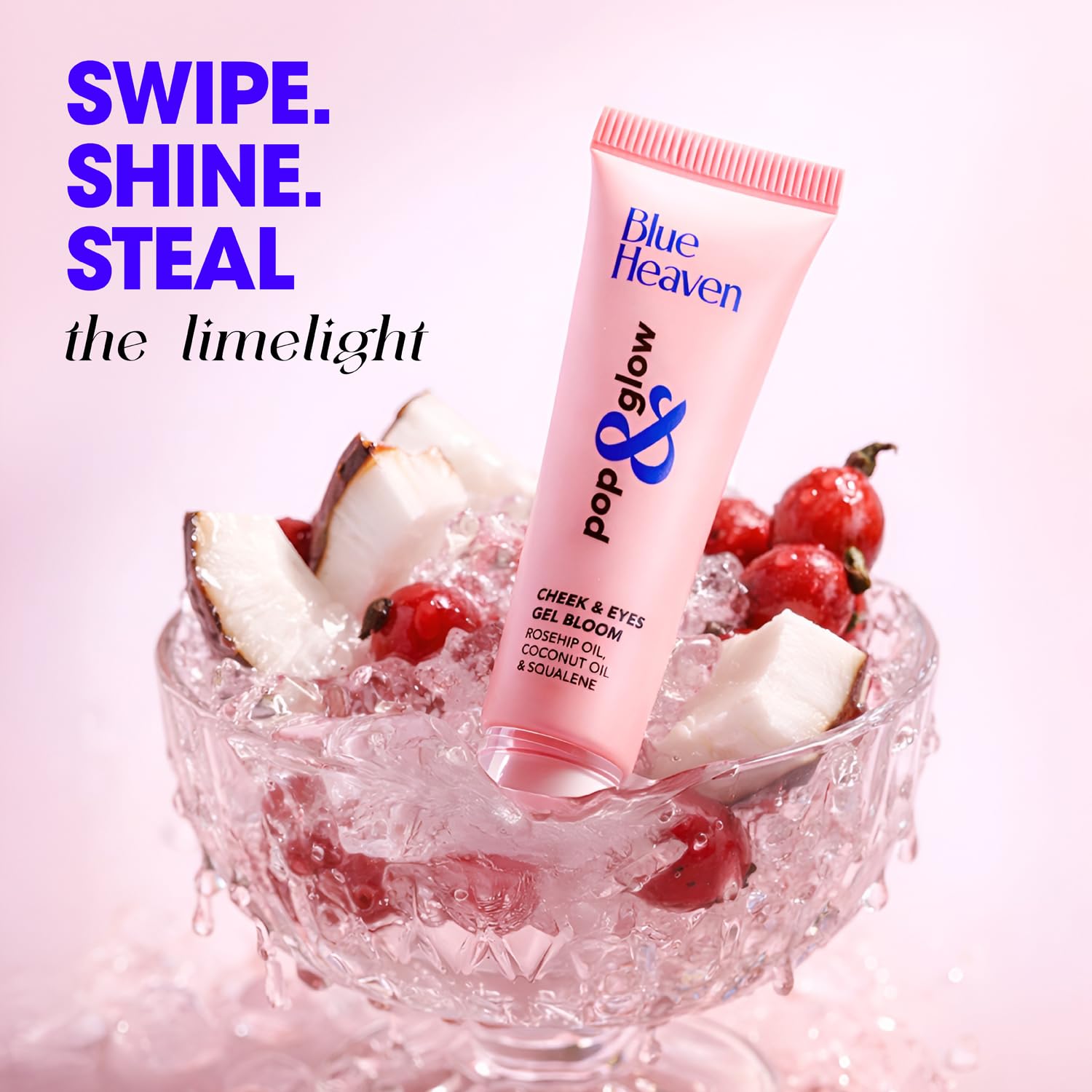 Blue Heaven Pop & Glow Eye & Cheek tint blusher for face makeup, Blush enriched with Rosehip and Coconut oil - Pink Tease, 12ml