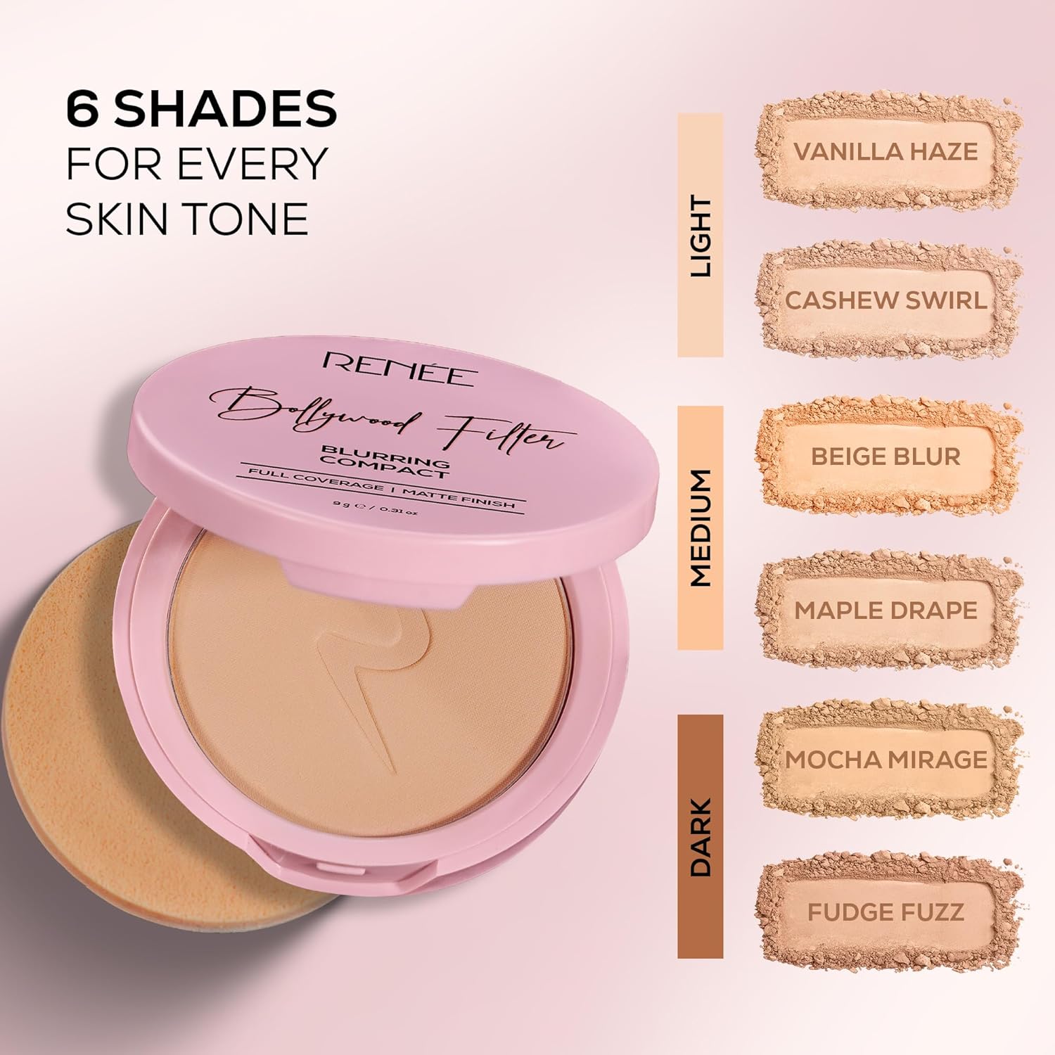 RENEE Bollywood Filter Blurring Compact - Vanilla Haze | Pore Minimising, Matte Finish, Full Coverage, Rich Pay-off | Blurs Pores & Blemishes | 9g