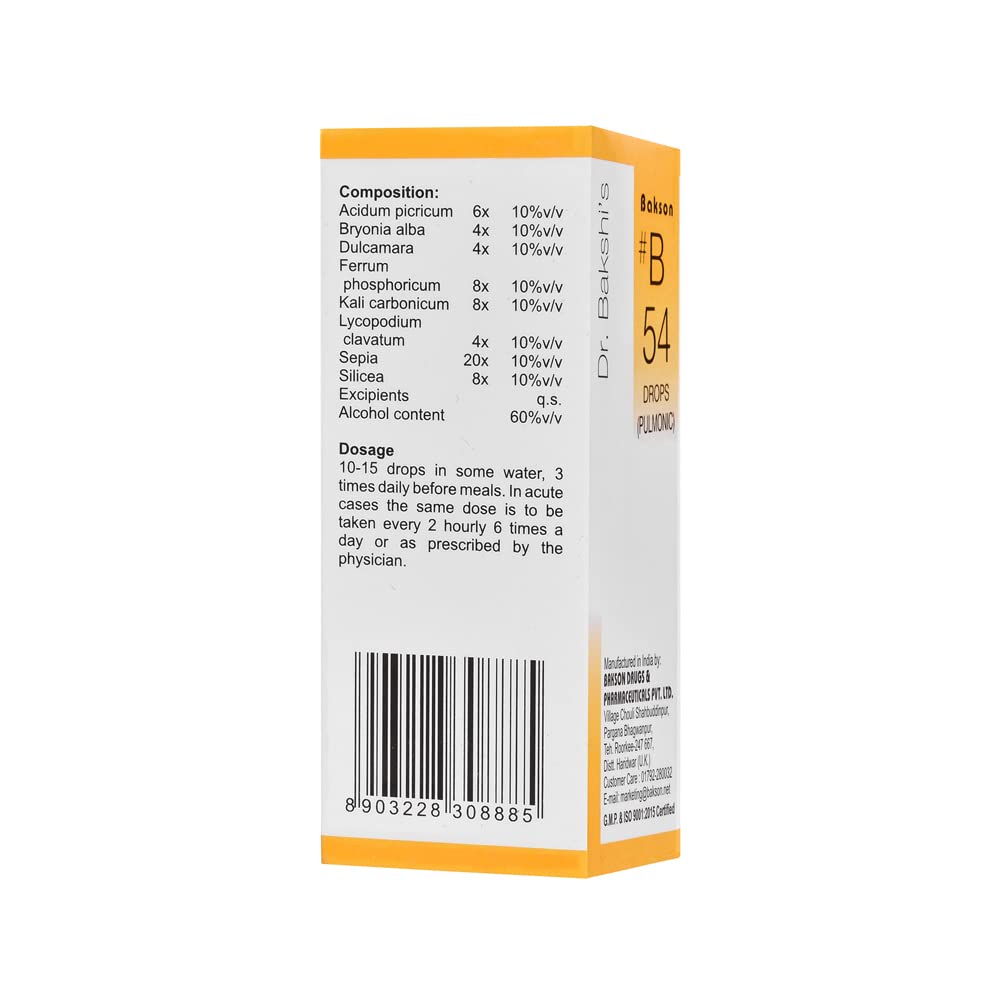 Bakson B54 Pulmonic Drops (30ml) For Breathlessness, chest pain due to dry cough, Hawking, sore throat