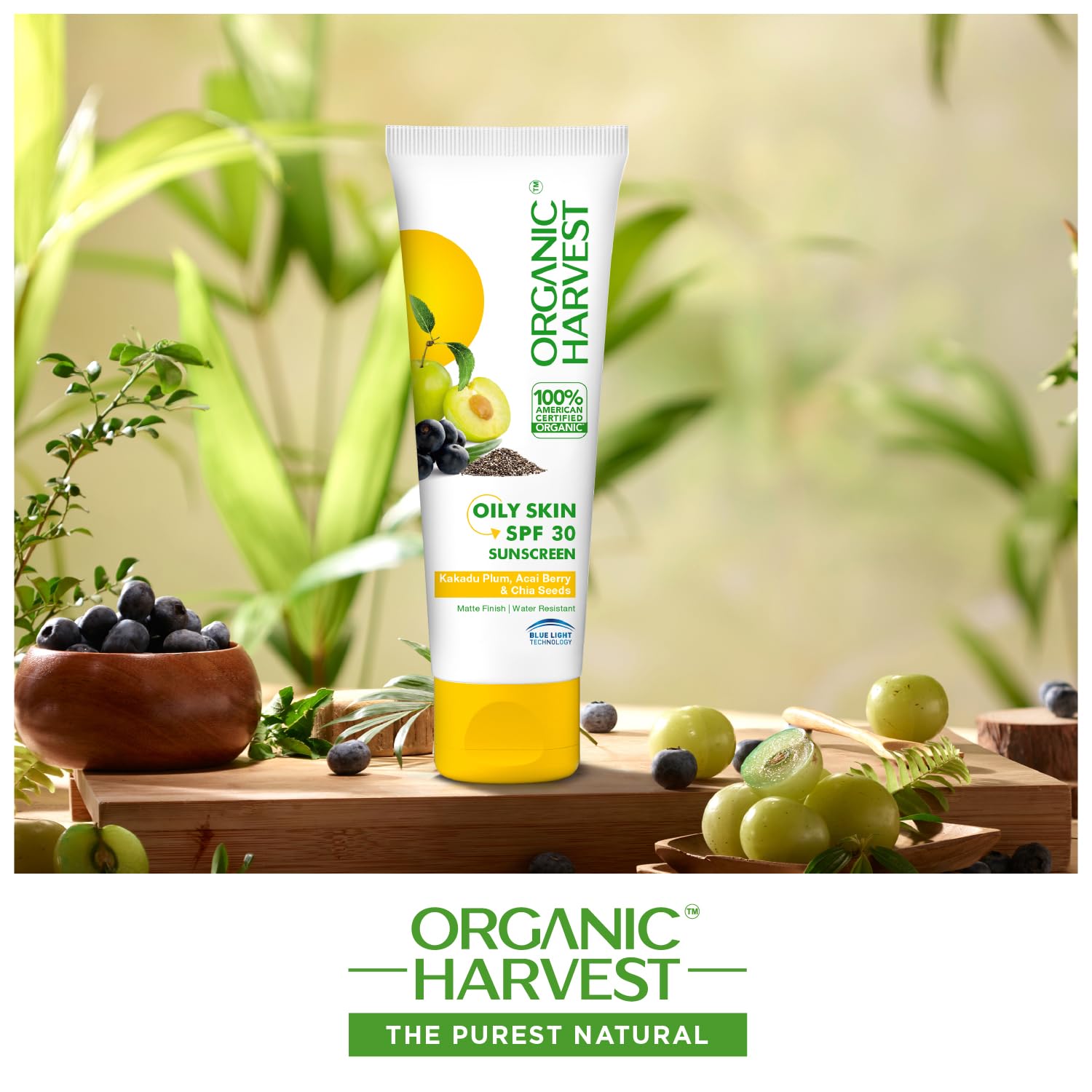 Organic Harvest Sunscreen SPF 30 with Blue Light Technology, Protects From Harmful UVA & UVB Rays, PA+++, Hydrates & Nourishes Skin, For Oily Skin, 100% American Certified Organic, Sulphate & Paraben Free - 100gm