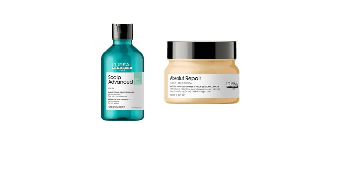 LOreal Paris Professionnel Scalp Advanced Anti-Oiliness Dermo-Purifier Shampoo Absolut Repair Professional Hair Mask - Combo 300ml + 250ml