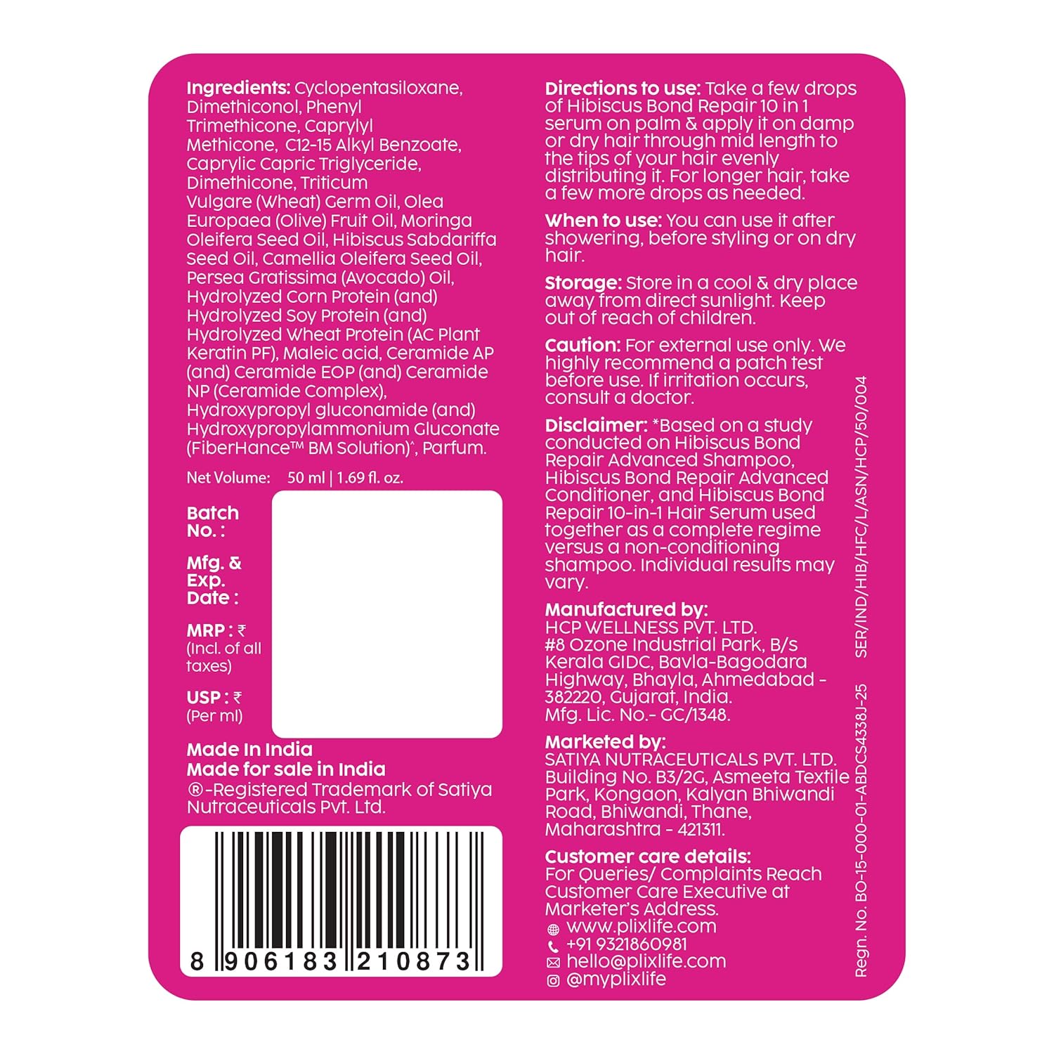 PLIX - THE PLANT FIX Hibiscus Bond Repair 10-in-1 Hair Serum | FiberHance™ | Repairs Damage Hair | Strengthens Keratin Structure | Provides 3X strengthening | 50ml