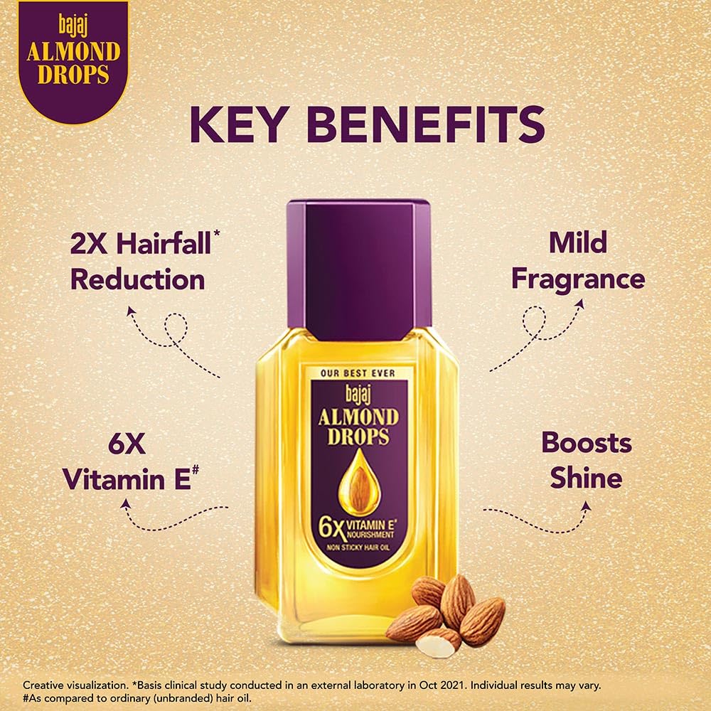 Bajaj Almond Drops Hair Oil, 190ml | 6X Vitamin E Nourishment | Light and Non-Sticky Hair Oil For Hair Fall Control