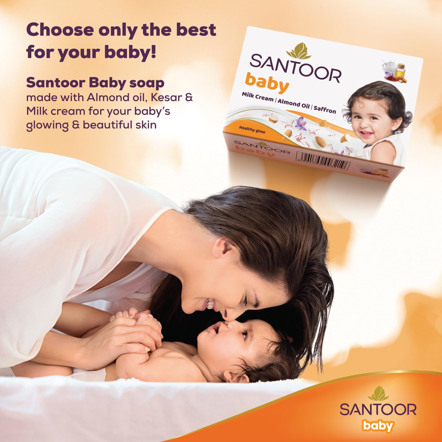 Santoor Baby Bathing Bar Soap with Milk Cream, Saffron, & Almond Oil for Soft & Supple Skin| Gentle & Rich Lathering Formula with Mild Fragrance| 125gx3