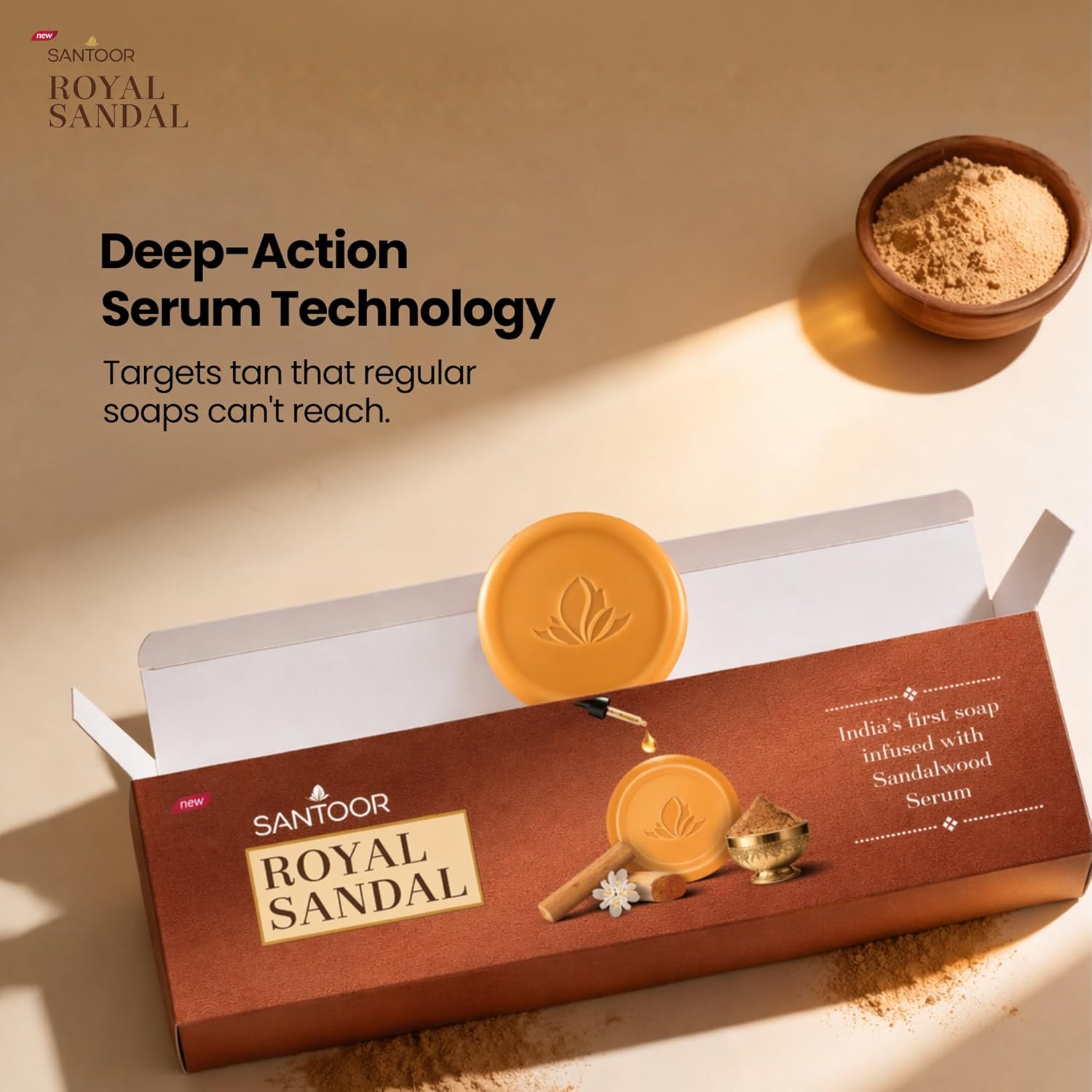 Santoor Royal Sandal Soap | Infused with Sandalwood Serum | Tan Removal | 100% Pure Sandalwood Oil & Powder | Helps Reduce Tan for Even-Toned, Glowing Skin | 150g x 3 Soaps