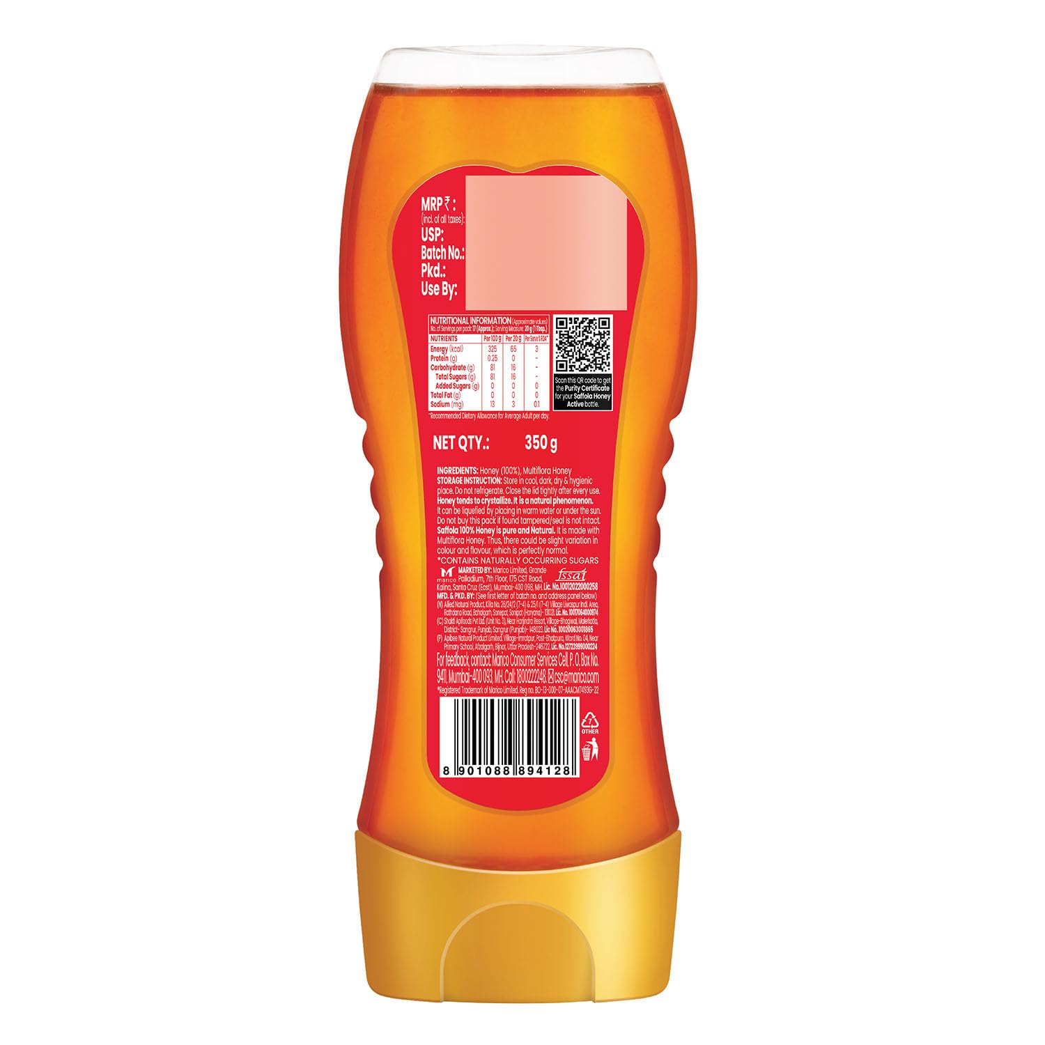 Saffola Honey Active, 350g (Squeezy Pack), Made with Sundarban Forest Honey, 100% Pure Honey, No sugar adulteration, Natural Immunity booster