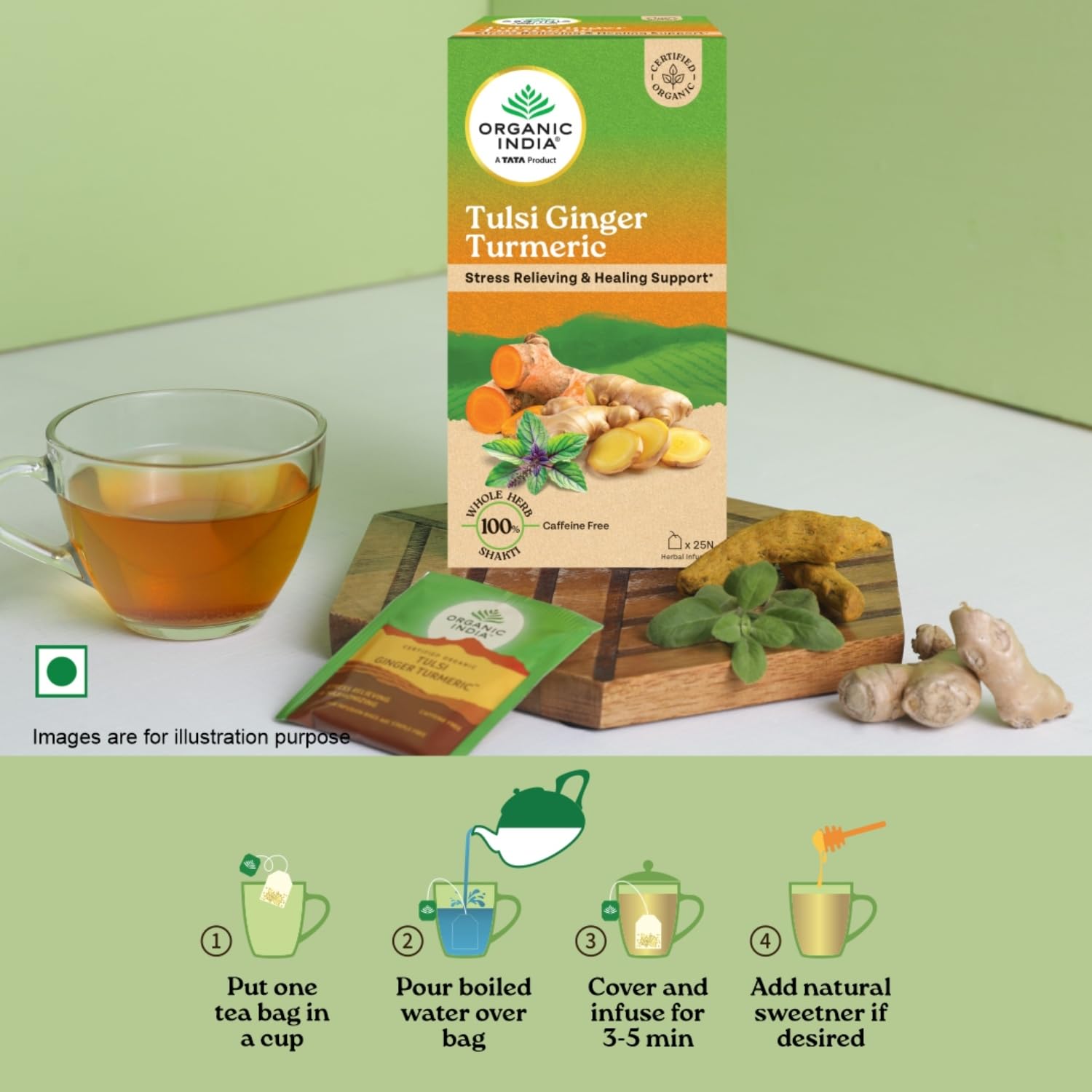 Organic India Tulsi Ginger Turmeric Tea 25 tea bags for improves immunity, boost metabolism, enhances stamina, cold, cough