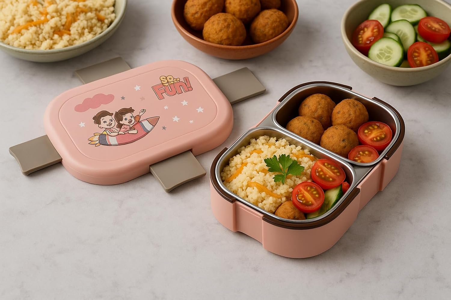 Stainless Steel Tiffin Lunch Box with 4 Side Clip Lock Lid, 2 Compartment Leakproof Food Grade Steel Container for Office, Kids School and Travel (Pink)