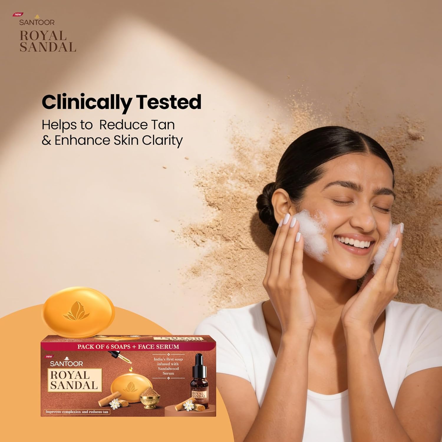 Santoor Royal Sandal Soap & Face Serum | Infused with Sandalwood Serum | Tan Removal | 100% Pure Sandalwood Oil & Powder | Helps Reduce Tan for Even-Toned, Glowing Skin | 125g x 6 Soaps + 15ml Serum