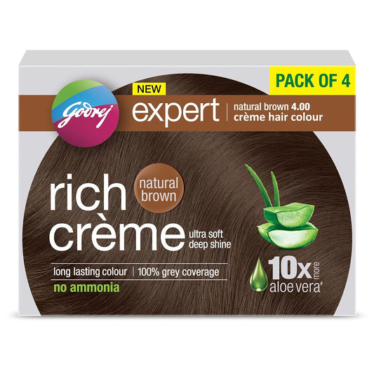 Godrej Expert Rich Creme Hair Colour Sachet - Pack of 4 Natural Brown 4.00 (80g+80ml) | with Aloe Vera & Milk Protein | No Ammonia
