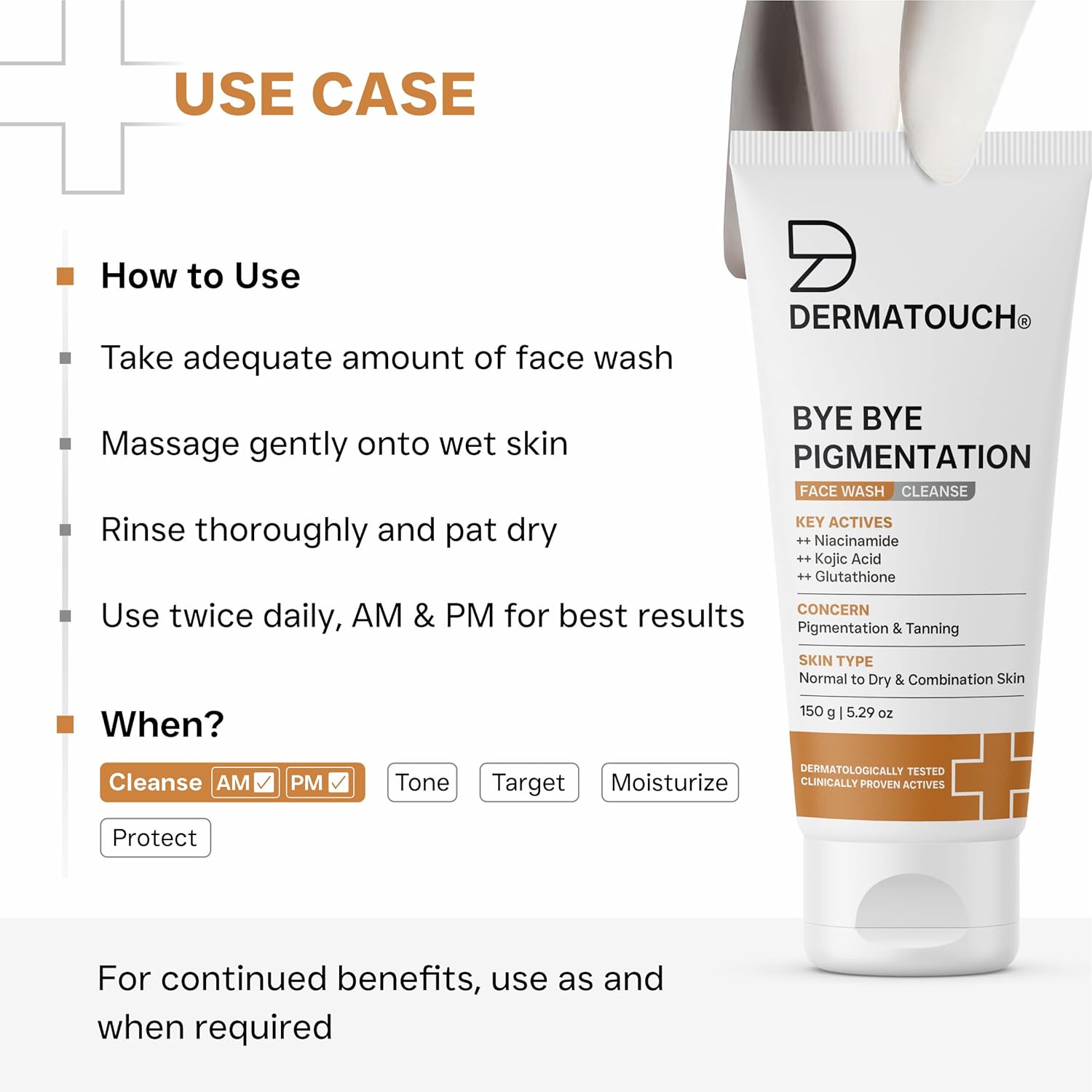 DERMATOUCH Bye Bye Pigmentation Face Wash | Niacinamide, Kojic Acid & Glutathione | For Tan and Anti-Pigmentation | Dermatologist Tested | For Men & Women | 150g