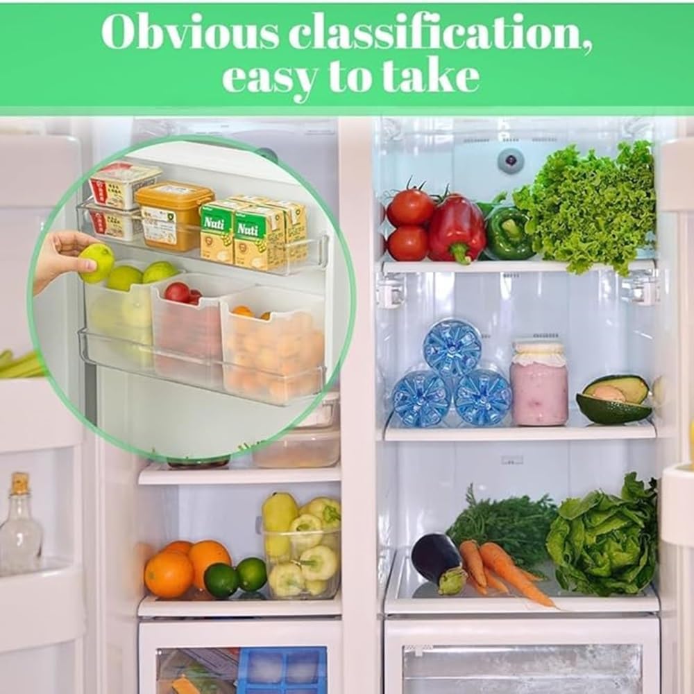 Fridge Door Storage Containers Set of 6 | Vertical Kitchen Organizer Bins for Fruits, Vegetables & Snacks | Deep Space Saving Refrigerator Shelf Boxes | Frosted Clear Plastic