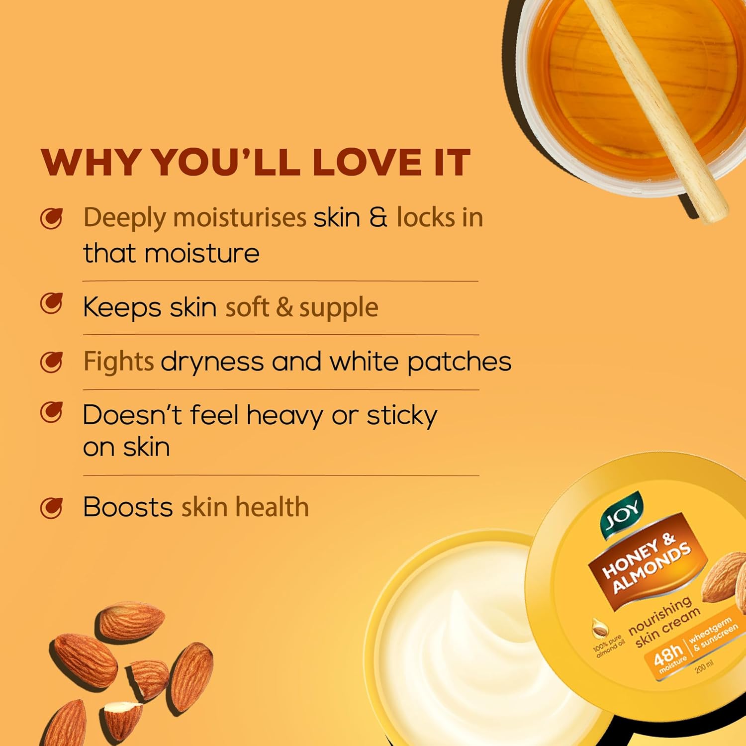 Joy Honey & Almonds Deep Nourishing Moisturizer for Dry Skin | Skin Cream for Face, Hands & Body | Contains Natural Sunscreen for Glowing Skin | Retains Natural Moisture Balance, 200ml