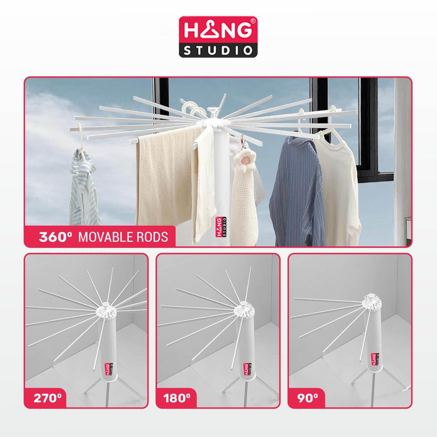 HANG STUDIO Foldable Clothes Dryer Stand Racks for Drying - Multi Way Folding & Rotatable - Lightweight Heavy Duty Aluminium Rails - (White, 3.9 Feet Length, 16 Rods, Large)