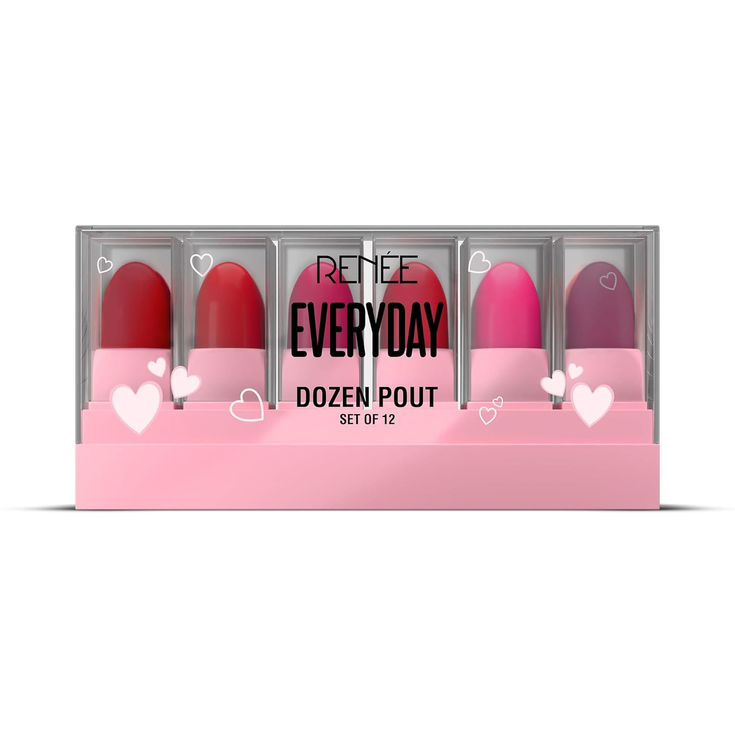 RENEE Everyday Dozen Pout Mini Lipsticks | Creamy Texture, Matte Finish, Long-Lasting | With Shea Butter, Almond Oil & Vitamin E | Hydrates & Softens Lips | Travel-Friendly, Set of 12 | 14.4 g