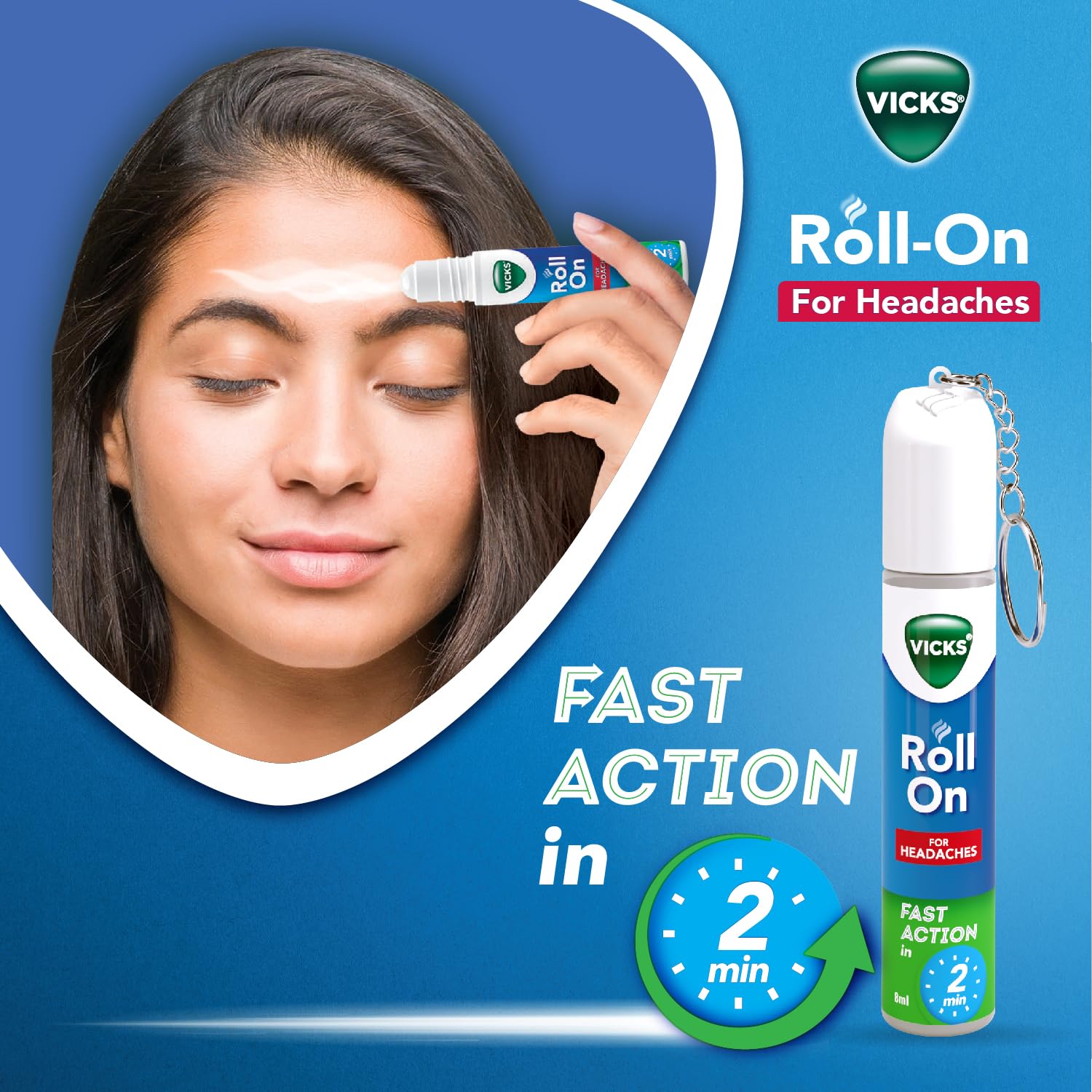 Vicks Headache Relief Roll-On, 2s Pack, Fast Action in 2 Minutes, with Menthol & Camphor