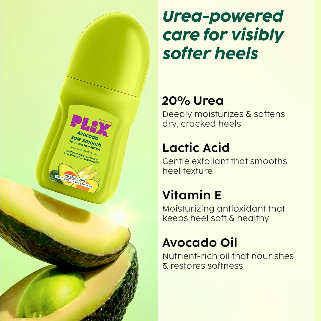Plix Avocado Sole Smooth Roll-On for Dry & Rough Heels | 20% Urea, Lactic Acid, Vitamin E | Mess-Free Foot Care for Softer, Smoother Looking Feet | Daily Use | Men & Women