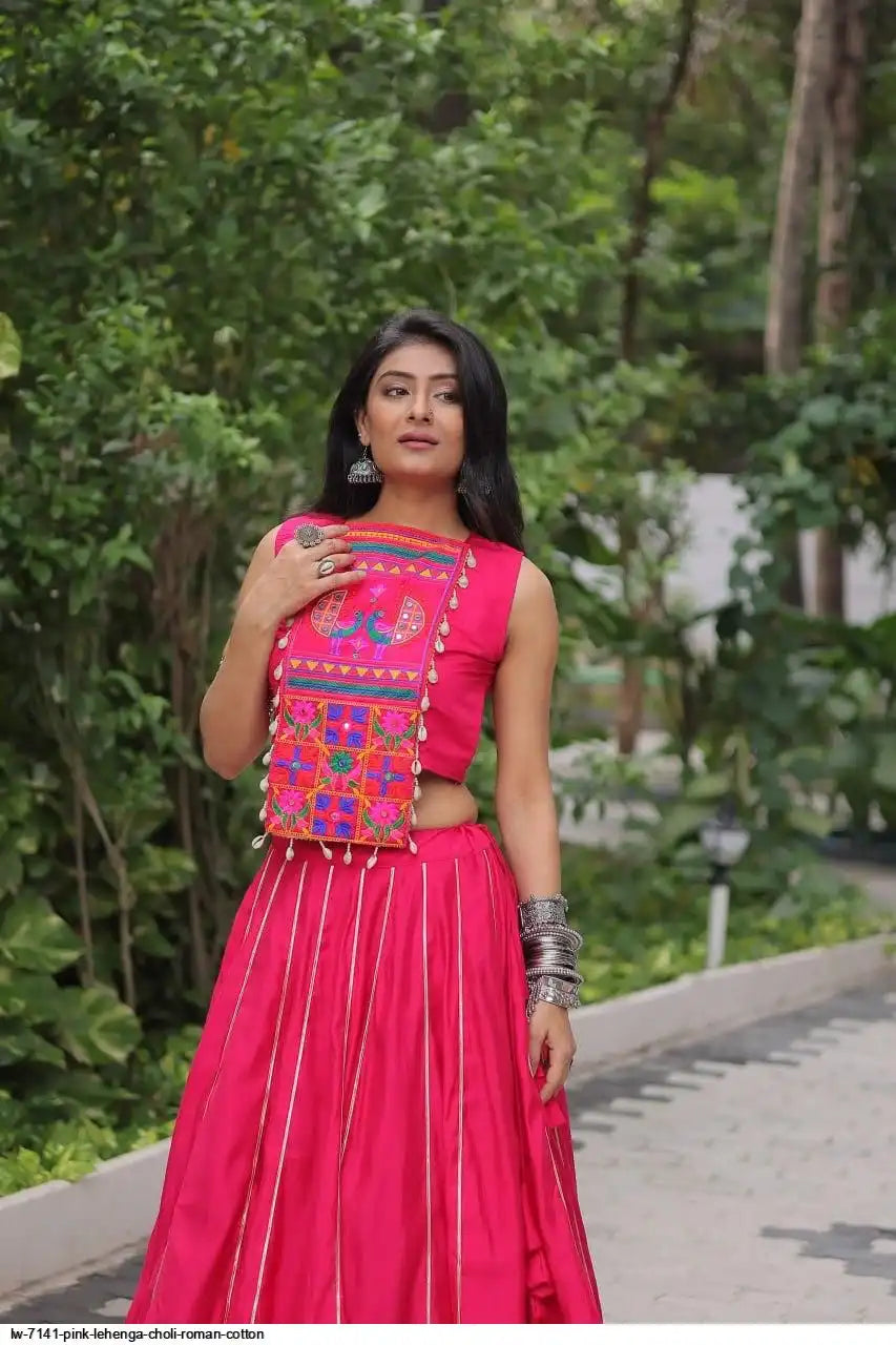 LW 7141 PINK LEHENGA CHOLI ROMAN COTTON