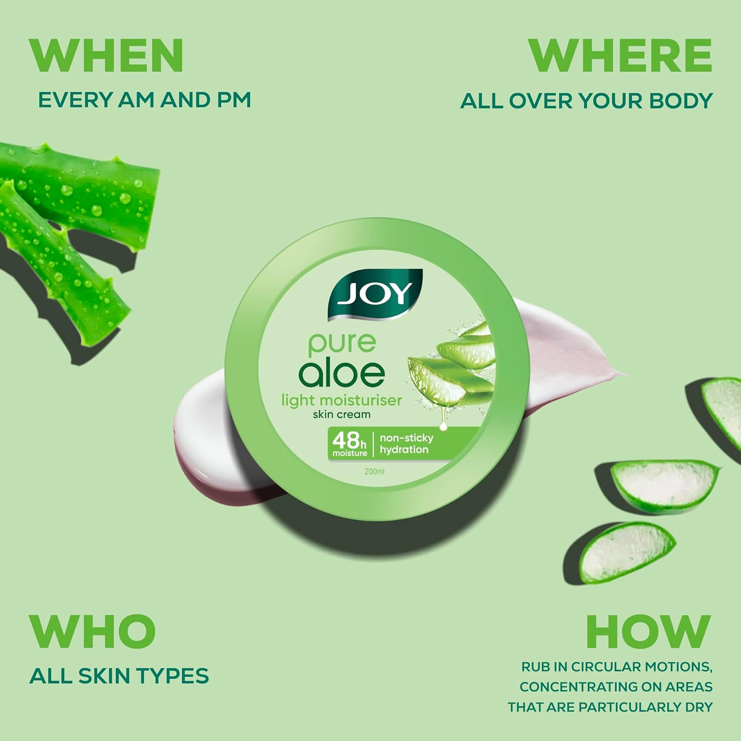 Joy Pure Aloe Vera Light Moisturiser Skin Cream for Face, Hands & Body, 48H Moisture & Non-Sticky Summer Hydration, Aloe Vera Daily Moisturizer, 200ml × 2