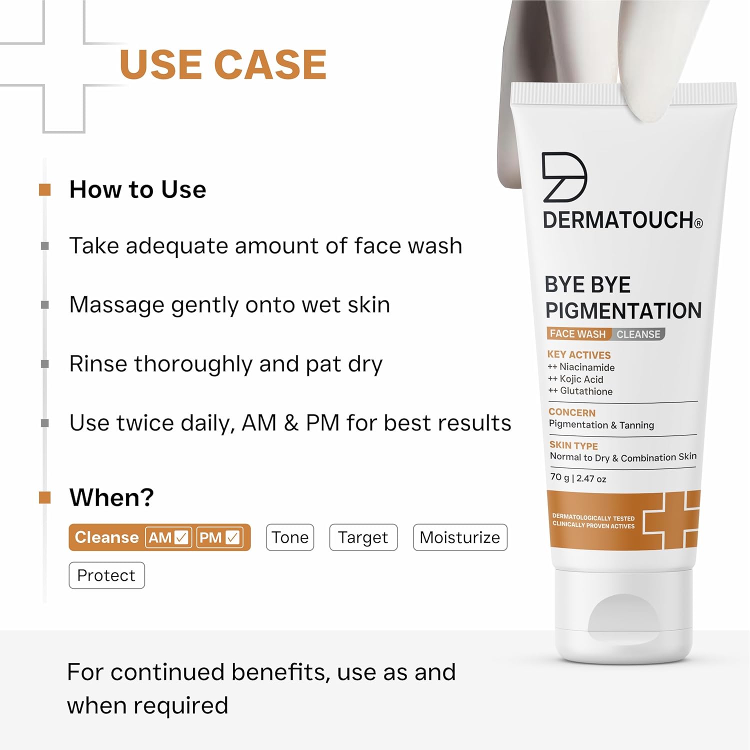 DERMATOUCH Bye Bye Pigmentation Face Wash | Niacinamide, Kojic Acid & Glutathione | For Tan and Anti-Pigmentation | Dermatologist Tested | For Men & Women | 70g