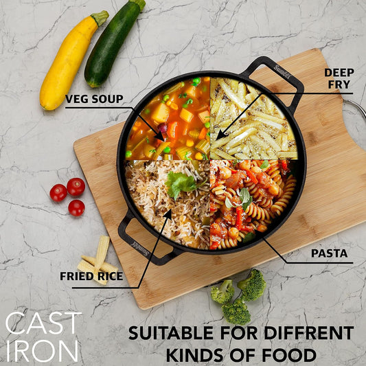 Sumeet Pre Seasoned Heavy Weight Cast Iron Deep Kadai, Induction Friendly, 23cm, 2000ml, Weight - 2Kg, Black