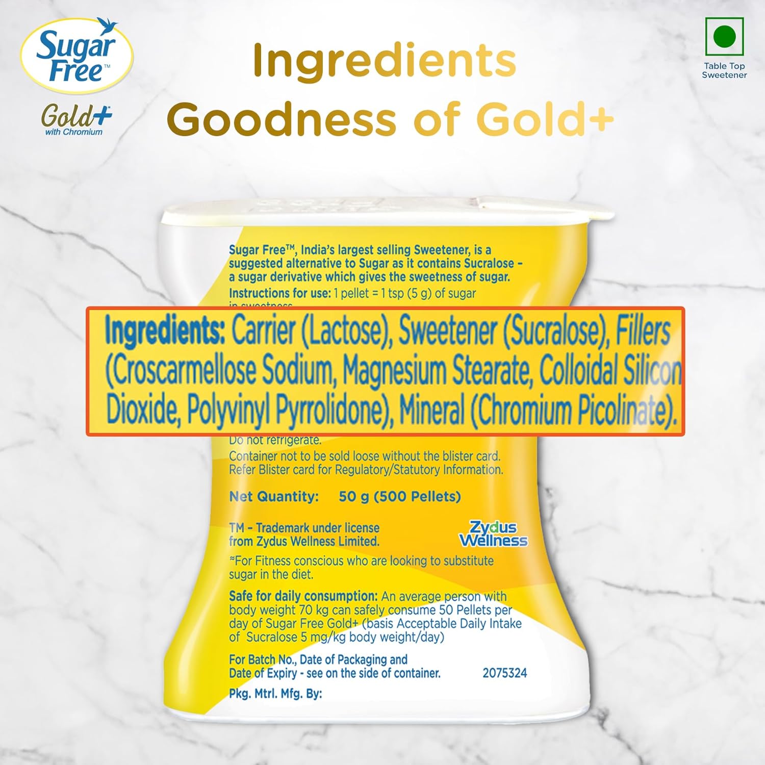Sugar Free Gold, 500 Pellets| India s No.1 Sweetner| Sweet like Sugar with Low Calories| Scientifically Proven & Tested 50g (Pack of 2)