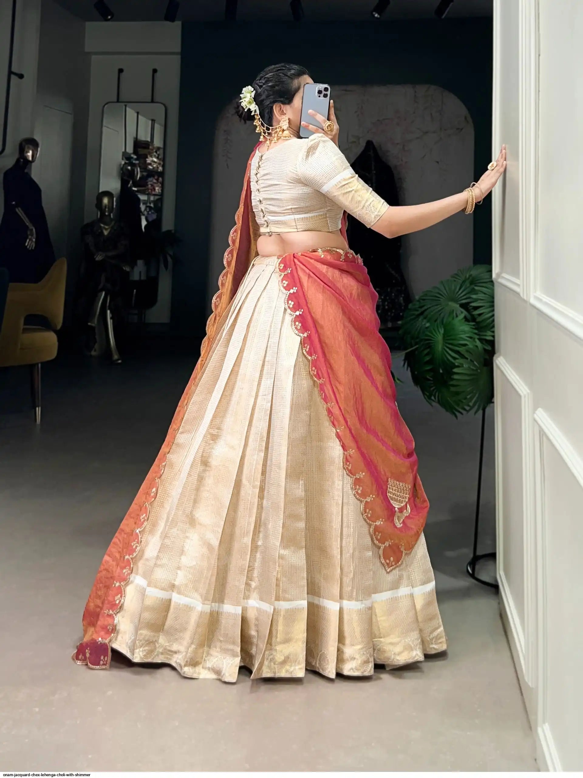 ONAM JACQUARD CHEX LEHENGA CHOLI WITH SHIMMER
