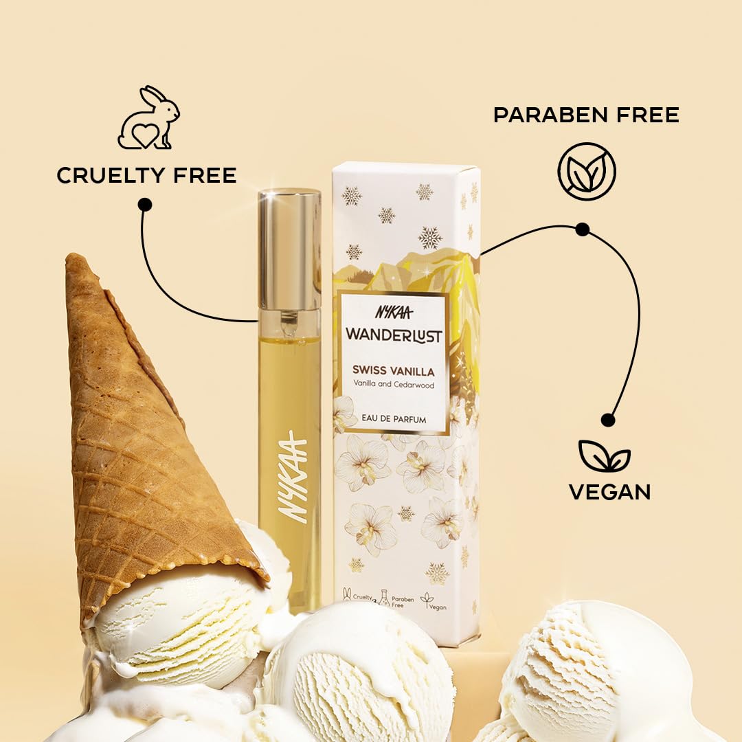 Nykaa Wanderlust Swiss Vanilla Eau De Parfum, Warm Vanilla and Cedarwood Fragrance, Long Lasting Scent, Travel Friendly, Vegan and Cruelty Free, 16ml