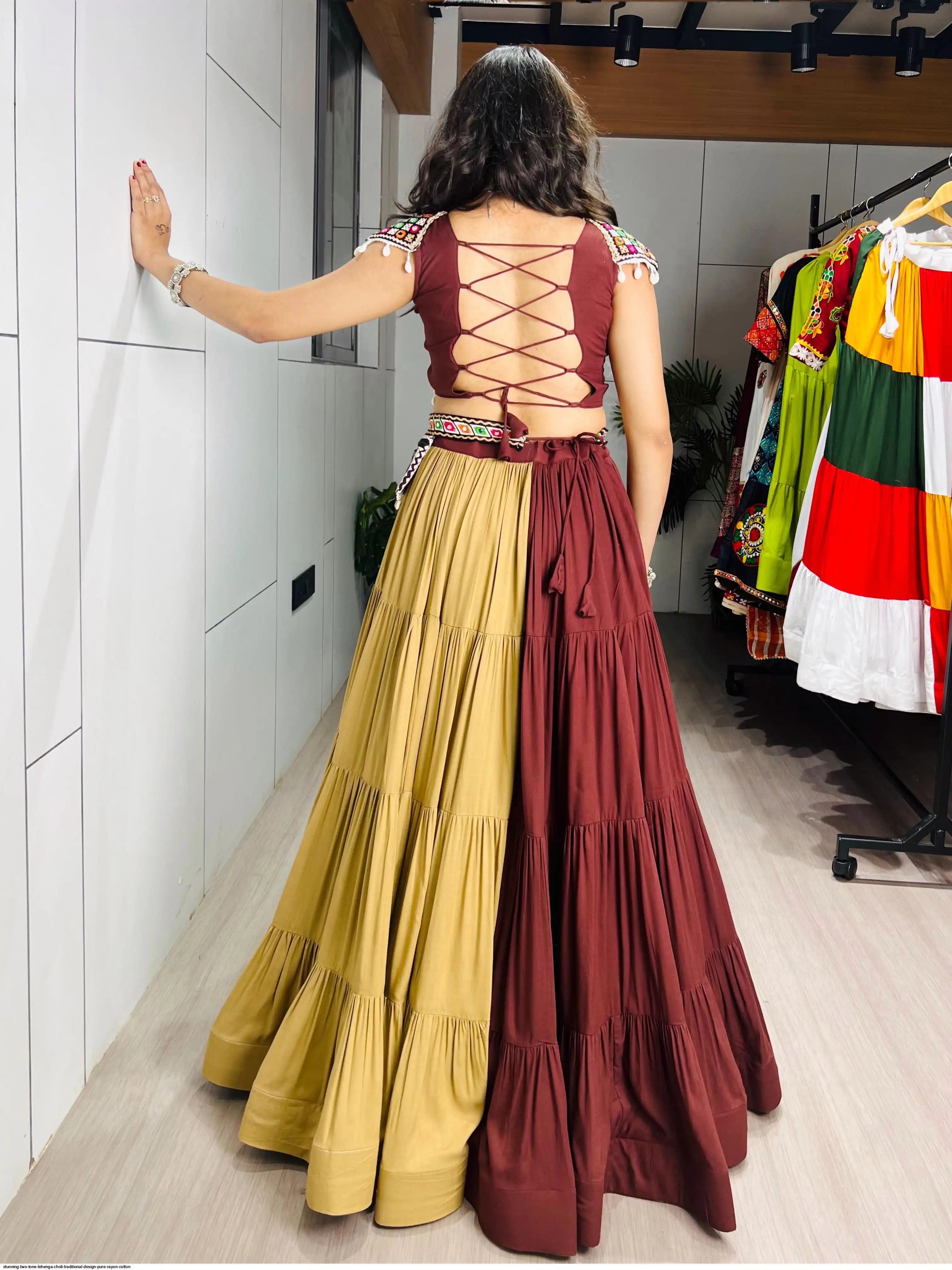 STUNNING TWO TONE LEHENGA CHOLI TRADITIONAL DESIGN PURE RAYON COTTON SIZE 40