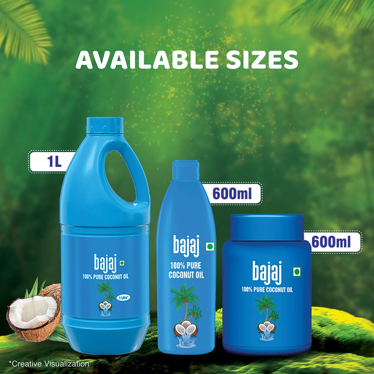 Bajaj 100% Pure Coconut Oil 600ml Wide Mouth Jar | Made with Premium Grade 1 Quality Coconuts.