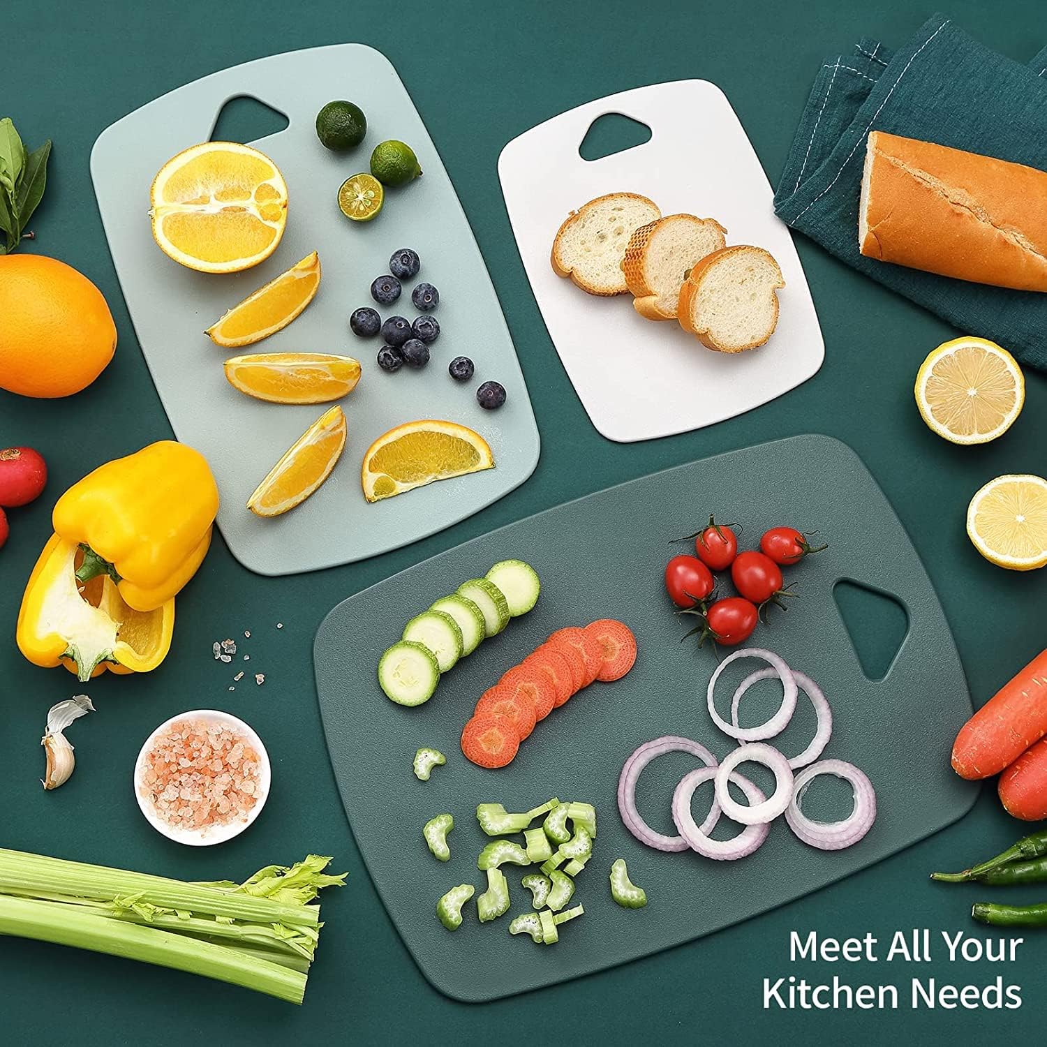 Chopping Board Set of 3 – BPA Free Plastic Cutting Boards | Non-Slip, Dishwasher Safe, Easy Grip Handle & Hanging Hole for Meat, Vegetables & Fruits Cutting Boards for Kitchen