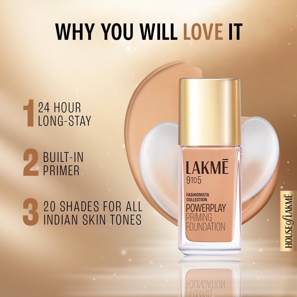 LAKMÉ Powerplay Priming Liquid Foundation, Natural, Flawless Finish, Medium To Full Coverage, Built in Primer, Long Lasting, SPF 20, Cool ivory, 25ml