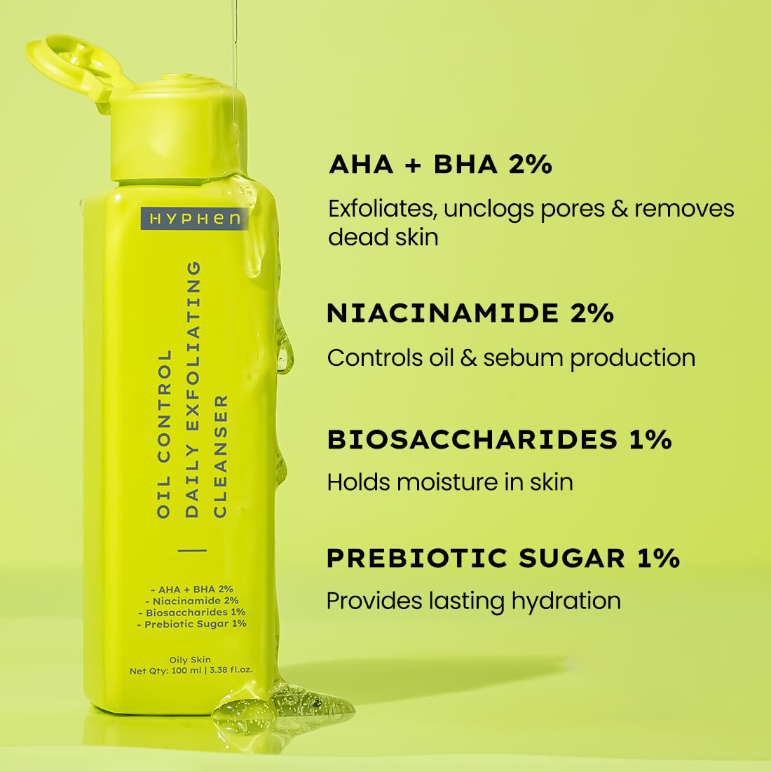 Hyphen Oil Control Daily Exfoliating Cleanser 2% AHA + BHA Salicylic Acid Face Wash For Oily Skin & Acne (100ml)