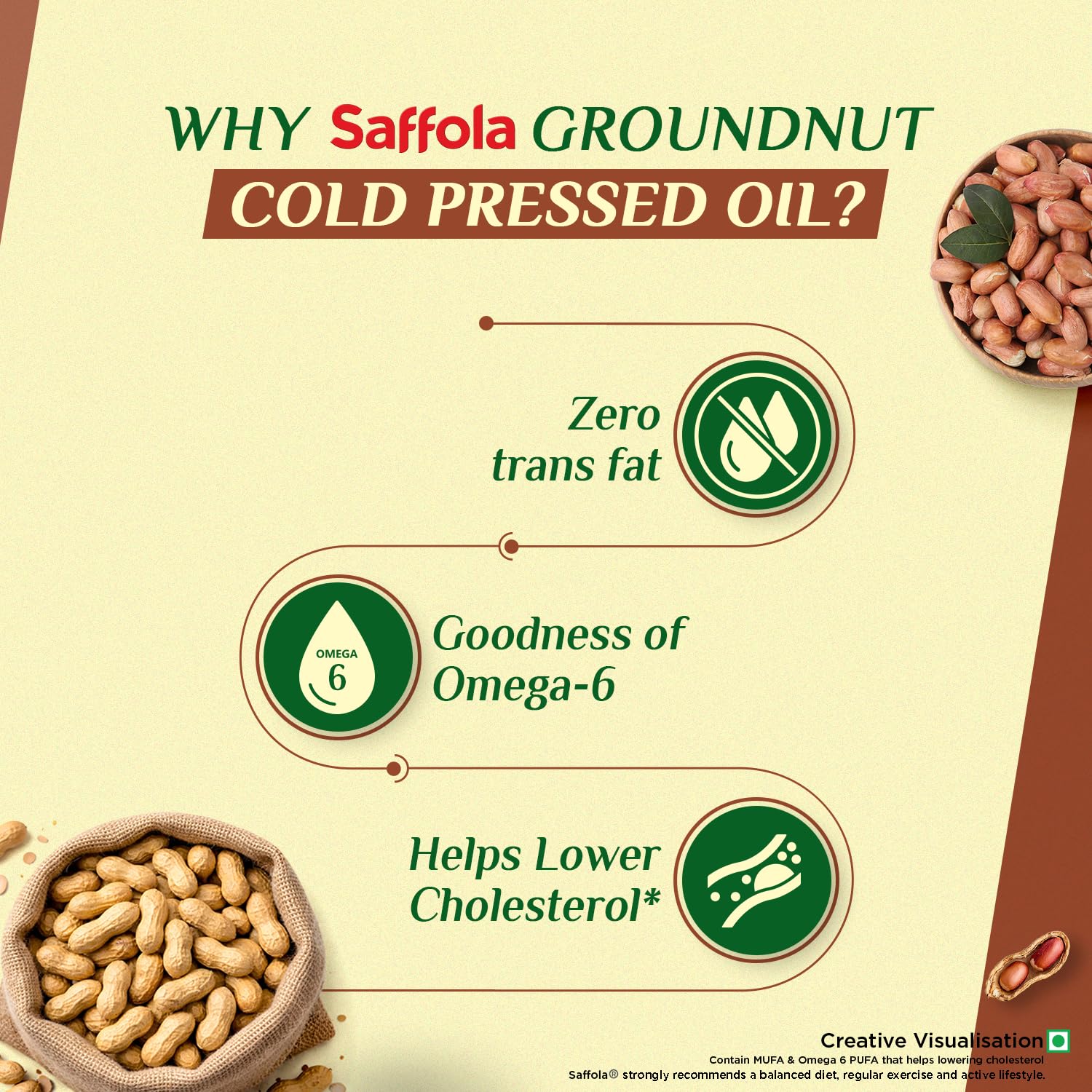 Saffola Cold Pressed Groundnut Oil | 100% Cold Pressed Groundnut Oil | Unrefined, 0 trans fat, Chemical free | Helps Lower Cholesterol, Goodness of Omega 6 & Authentic Seed Flavour | 1L Pet Bottle