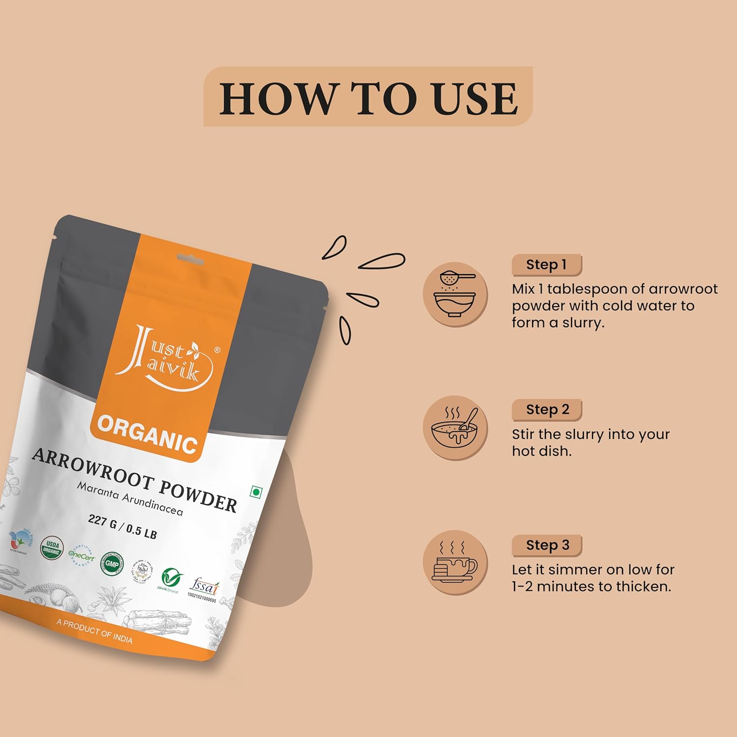 ust Jaivik Organic Arrowroot Powder 227g | Natural thickener and Pure Starch Extract for improved digestion, Gluten-Free, No Added Preservatives | Ararot Powder for Cooking, Gravy, Soups, Puddings, Bread & More