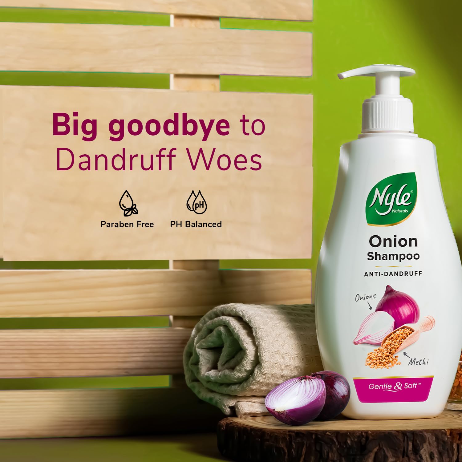 Nyle Naturals Onion and Methi Anti-Dandruff Shampoo | Stronger Roots & Reduces Hair Breakage | Gentle & Soft Formula | Controls Thinning, Nourishes Scalp – 1000 ml