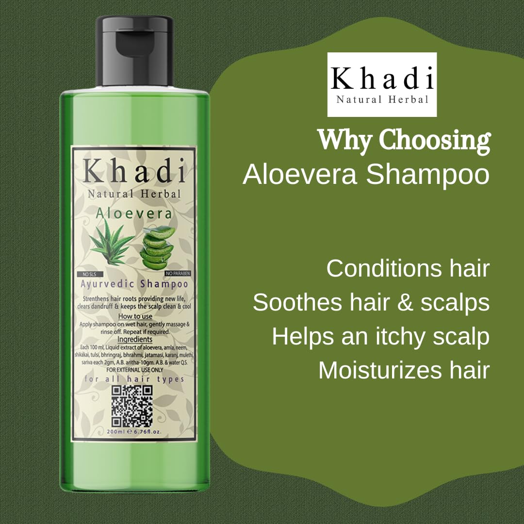 Khadi Natural Herbal Anti Dandruff Aloevera Shampoo For Healthy & Shiny Hair | Control Hair Fall With 7 Herbal Ingredients | Paraben & Sls Free Shampoo Ayurvedic Hair Cleanser For Women & Men 200ml