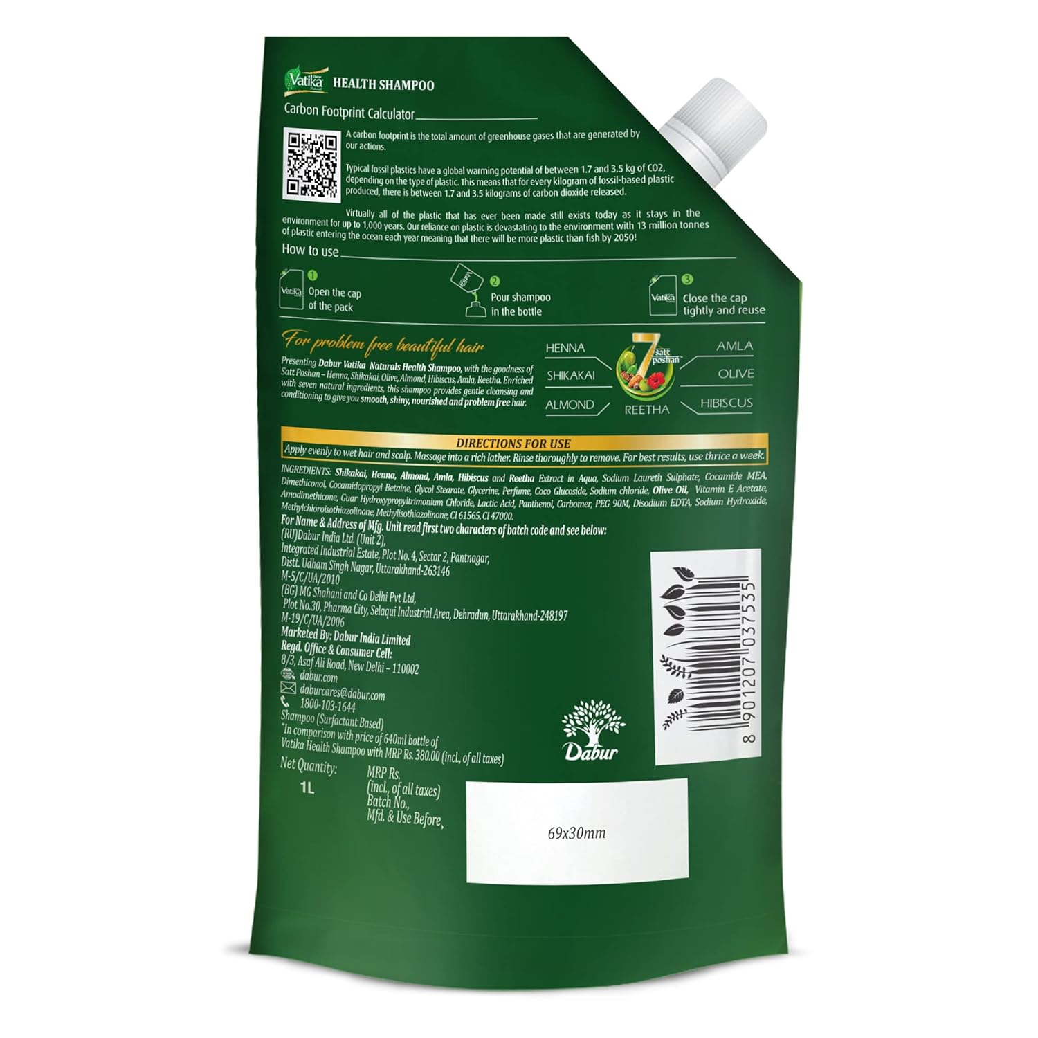 Dabur Vatika Health Shampoo - 1 L (Refill Pouch) | With 7 Natural Ingredients | For Smooth, Shiny & Nourished Hair | Repairs Hair Damage, Controls Frizz | For All Hair Types | Goodness of Henna & Amla